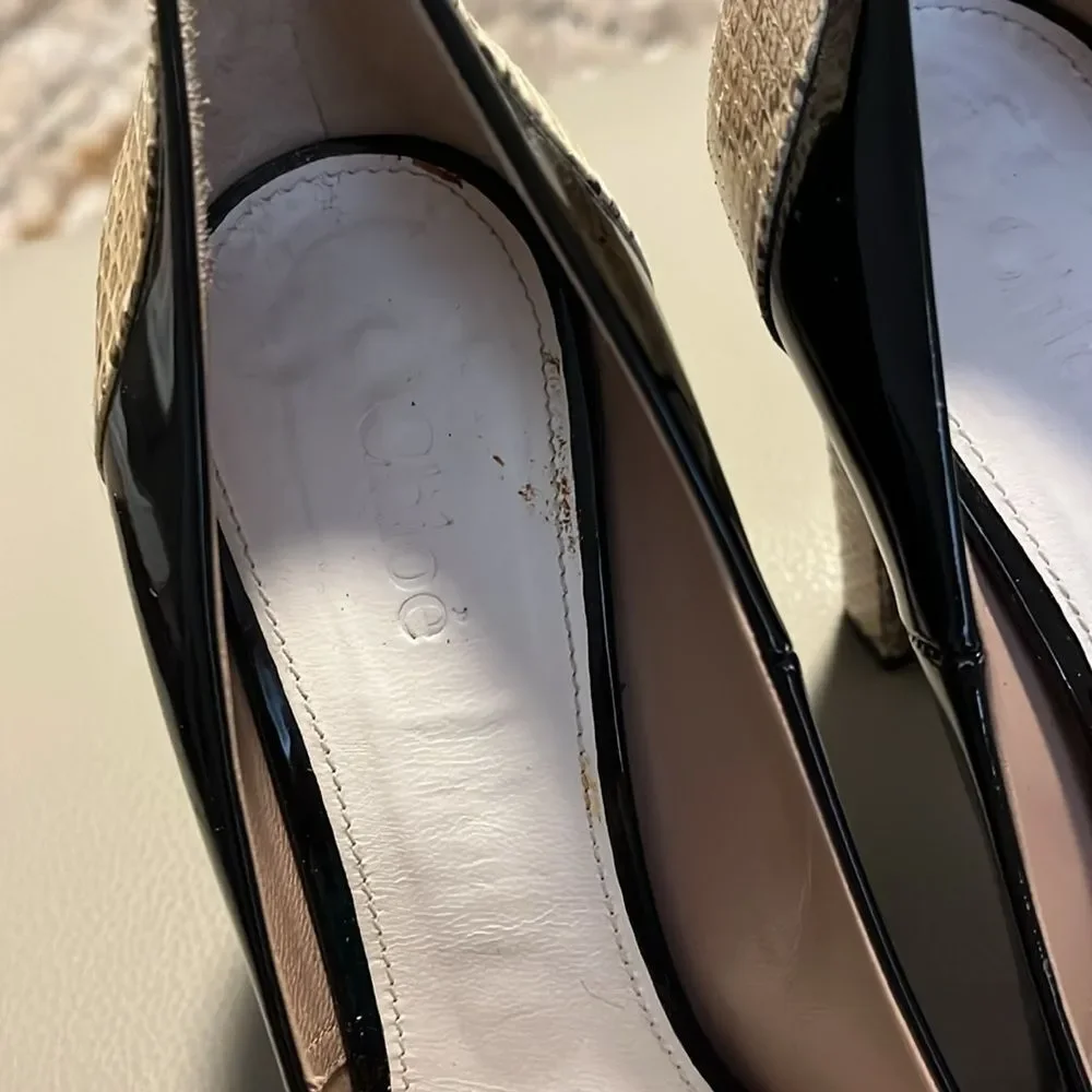 Chloe Black Patent Leather Snakeskin Embossed Block Heel Pumps Size 39 US‎ 9